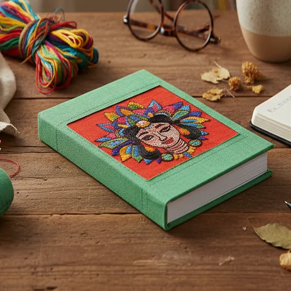 INDHA_Hand-Embroidered_Dupion_Silk_Diary_–_5x7_Inches,_Woman_Face_Design,_Eco-Friendly_100_GSM_Recycled_Paper,_Elegant_Gift_Choice_(Orange_Women_Face)