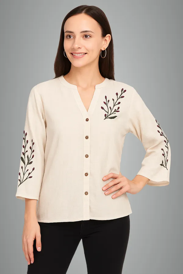 Beige_Cotton-Linen_Embroidered_Button-Front_Top_|_V-Notch_Neck,_3/4_Bell_Sleeves_For_Women