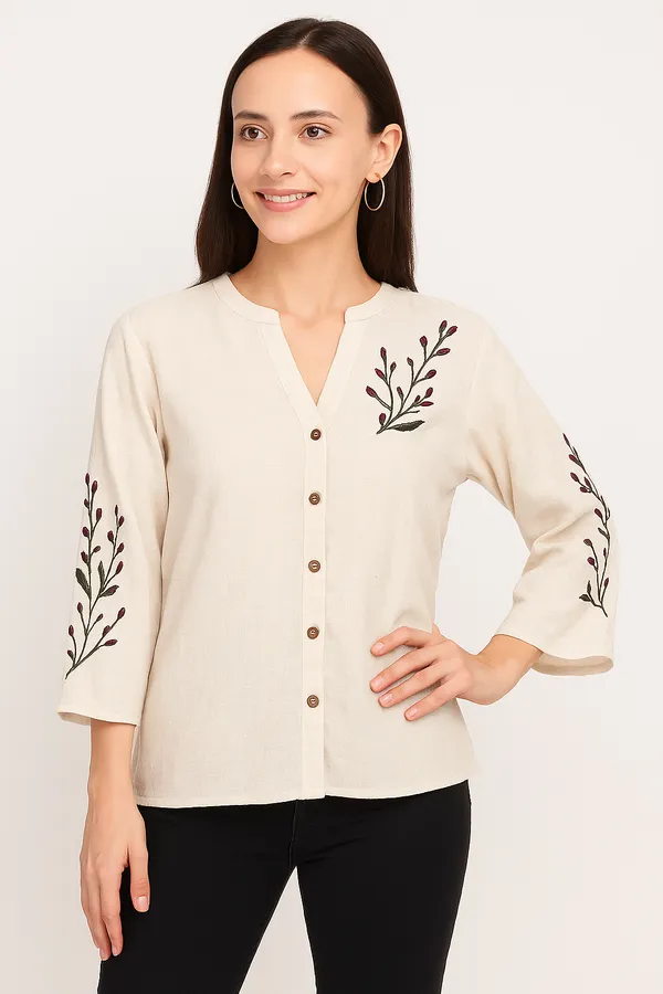 Beige_Cotton-Linen_Embroidered_Button-Front_Top_|_V-Notch_Neck,_3/4_Bell_Sleeves_For_Women