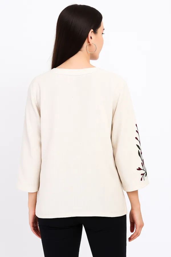 Beige_Cotton-Linen_Embroidered_Button-Front_Top_|_V-Notch_Neck,_3/4_Bell_Sleeves_For_Women