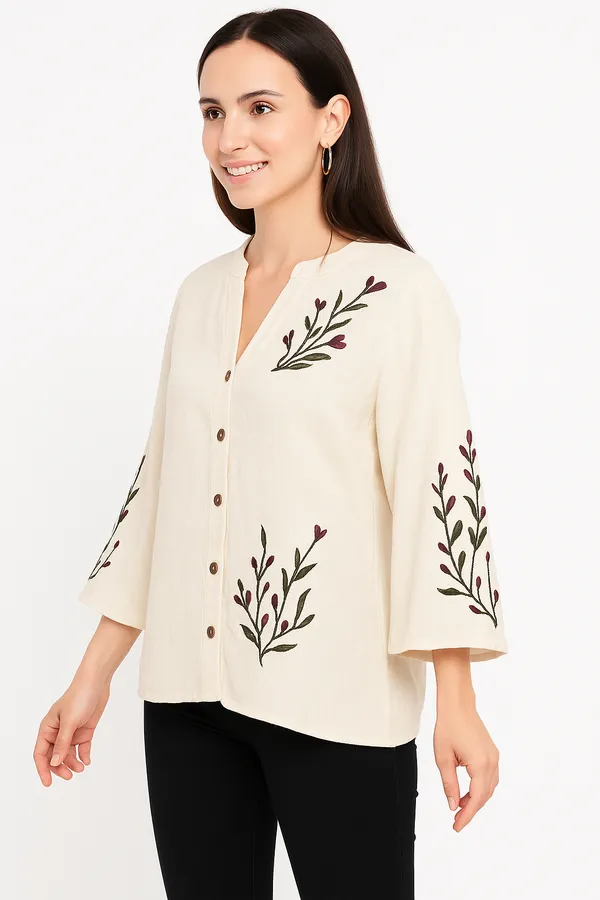 Beige_Cotton-Linen_Embroidered_Button-Front_Top_|_V-Notch_Neck,_3/4_Bell_Sleeves_For_Women