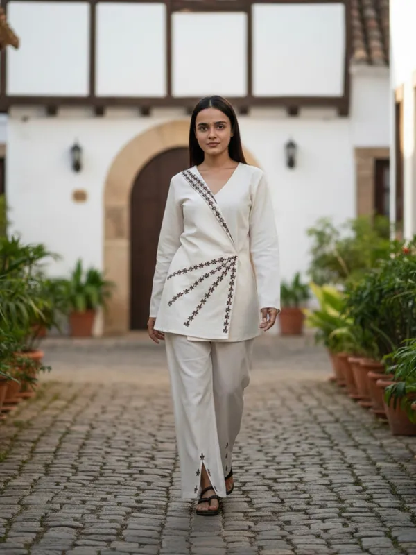 Beige_Flex-Cotton_Overlap_Kurta_&_Pant_Set_|_V-Neck_|_Contrast_Embroidery_|_Front-Slit_Hem_For_Women
