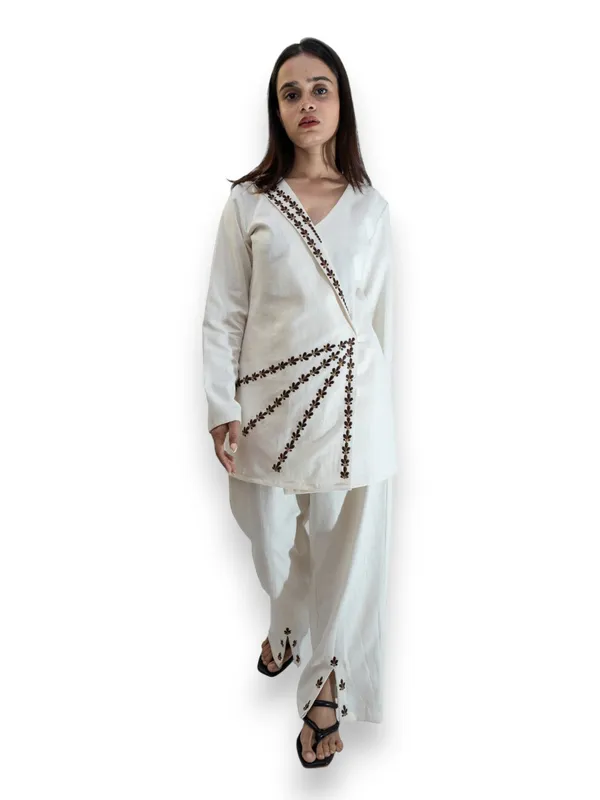 Beige_Flex-Cotton_Overlap_Kurta_&_Pant_Set_|_V-Neck_|_Contrast_Embroidery_|_Front-Slit_Hem_For_Women