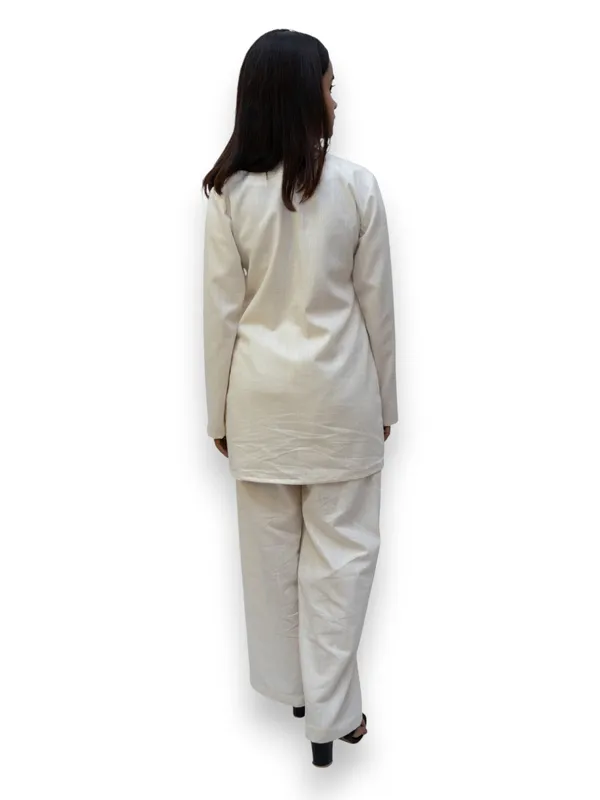 Beige_Flex-Cotton_Overlap_Kurta_&_Pant_Set_|_V-Neck_|_Contrast_Embroidery_|_Front-Slit_Hem_For_Women