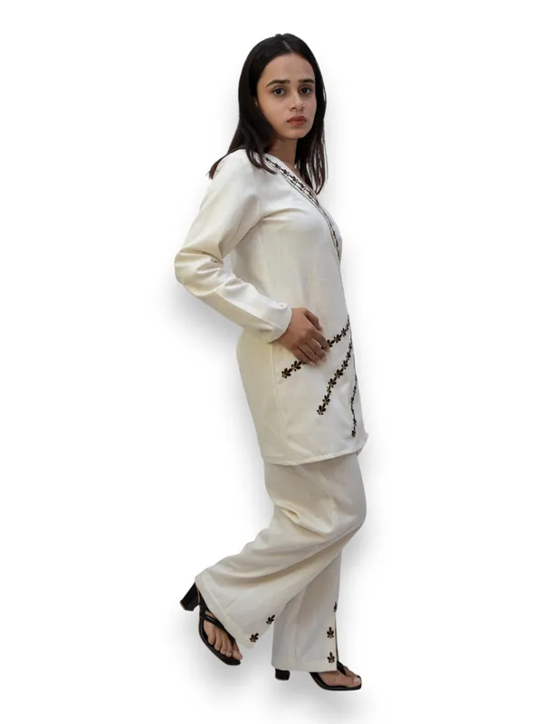 Beige_Flex-Cotton_Overlap_Kurta_&_Pant_Set_|_V-Neck_|_Contrast_Embroidery_|_Front-Slit_Hem_For_Women