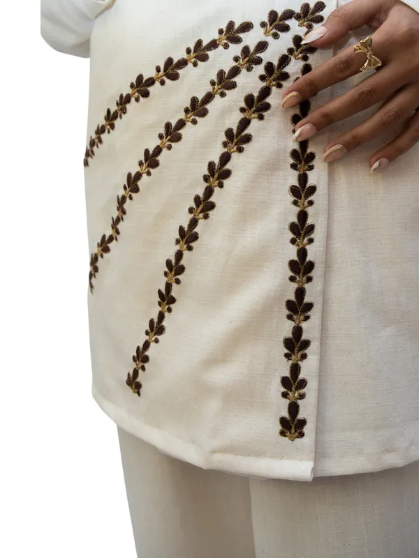 Beige_Flex-Cotton_Overlap_Kurta_&_Pant_Set_|_V-Neck_|_Contrast_Embroidery_|_Front-Slit_Hem_For_Women