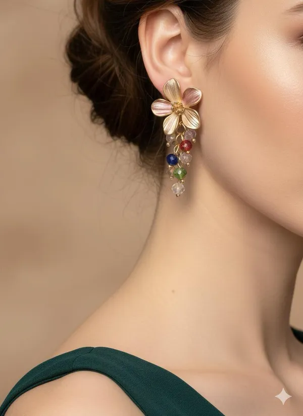 Multicolor_Gold_Delicate_Enamel_Flower_Earrings_With_Gemstone_Drops