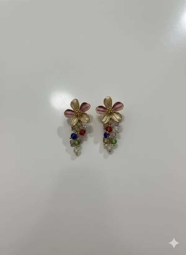 Multicolor_Gold_Delicate_Enamel_Flower_Earrings_With_Gemstone_Drops