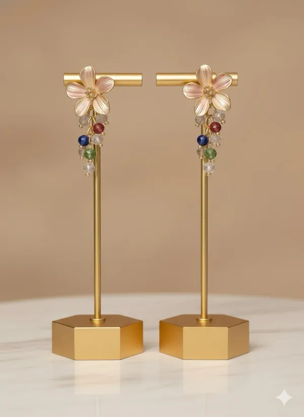 Multicolor_Gold_Delicate_Enamel_Flower_Earrings_With_Gemstone_Drops