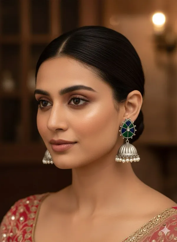 Silver_Oxidized_Jhumka_Earrings_With_Enamel_Teardrop_And_Pearl_Drops