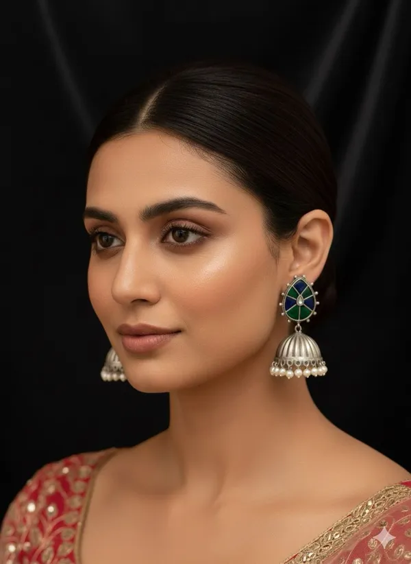 Silver_Oxidized_Jhumka_Earrings_With_Enamel_Teardrop_And_Pearl_Drops