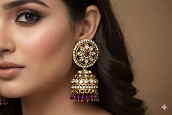 Bridal_Temple_Jewelry_Style_Jhumkis_with_Deep_Purple_Stone_and_Tassel_Accents