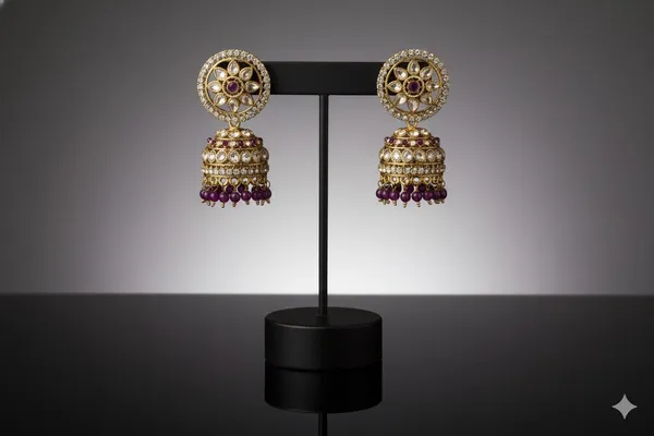 Bridal_Temple_Jewelry_Style_Jhumkis_with_Deep_Purple_Stone_and_Tassel_Accents