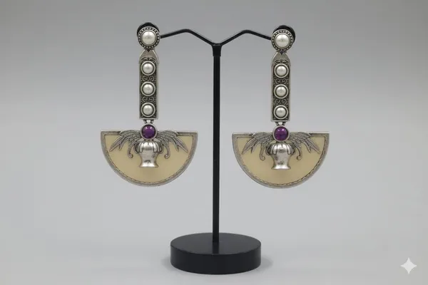 The_'Artisan_Curve'_Oxidized_Silver_and_Stone_Drop_Earrings_(or_Half-Moon_Contemporary_Statement_Danglers)
