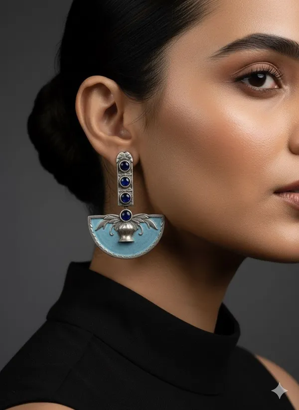 Art_Deco_Inspired_Blue_Enamel_and_Lapis_Lazuli_Dangle_Earrings_in_Oxidized_Silver_Finish