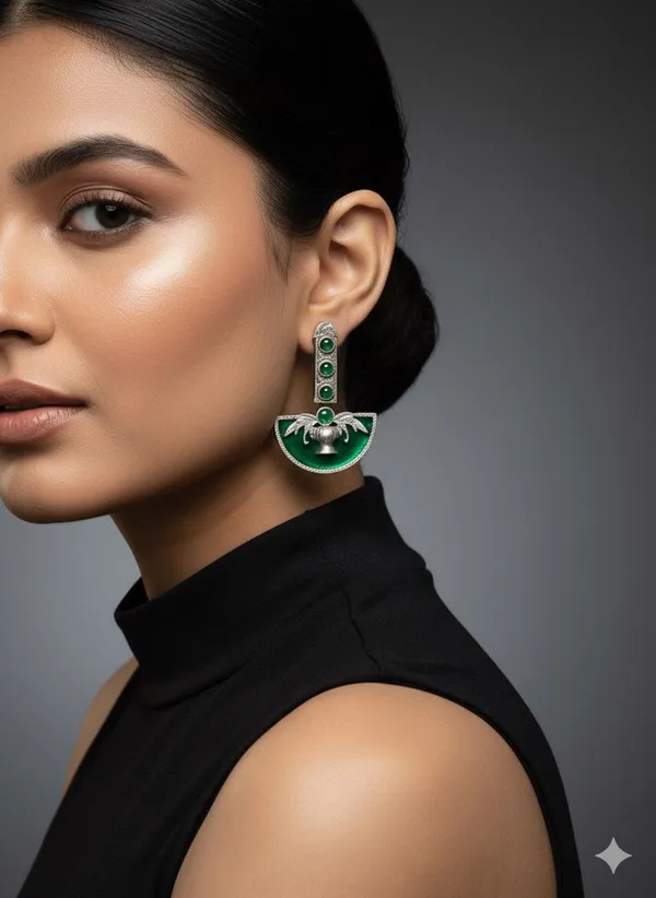 Art_Deco_Inspired_Green_Enamel_and_Emerald-Tone_Dangle_Earrings_in_Oxidized_Silver_Finish