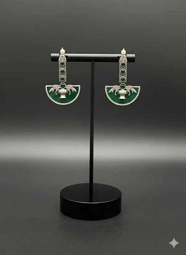 Art_Deco_Inspired_Green_Enamel_and_Emerald-Tone_Dangle_Earrings_in_Oxidized_Silver_Finish