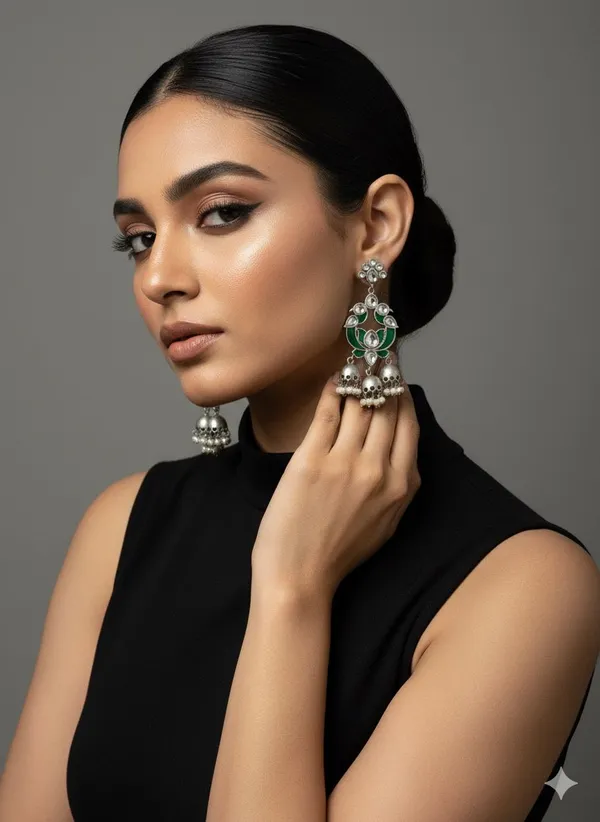 The_'Forest_Bloom'_Oxidized_Jhumka_with_Green_and_Ruby_Stones
