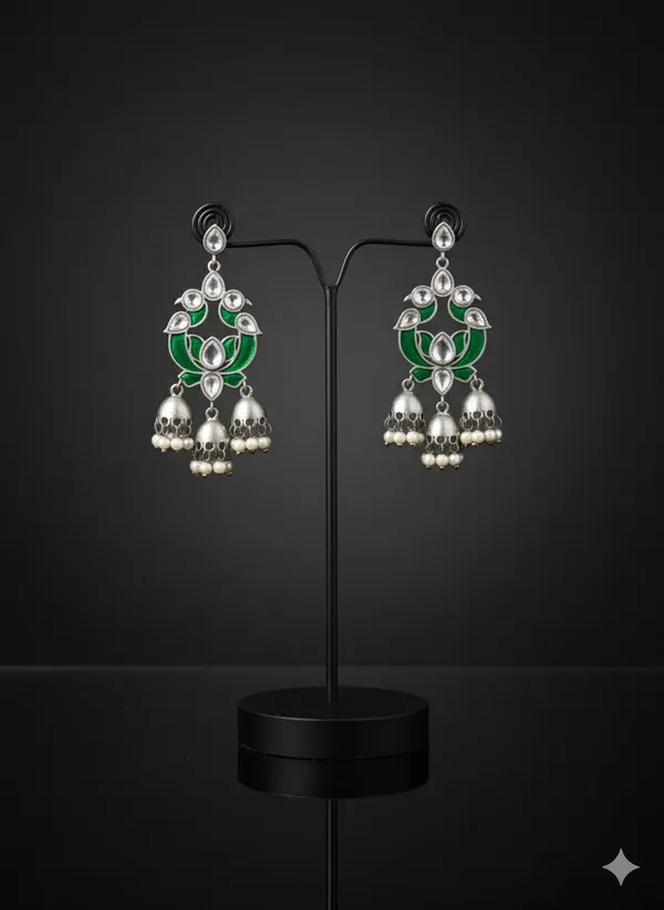 The_'Forest_Bloom'_Oxidized_Jhumka_with_Green_and_Ruby_Stones