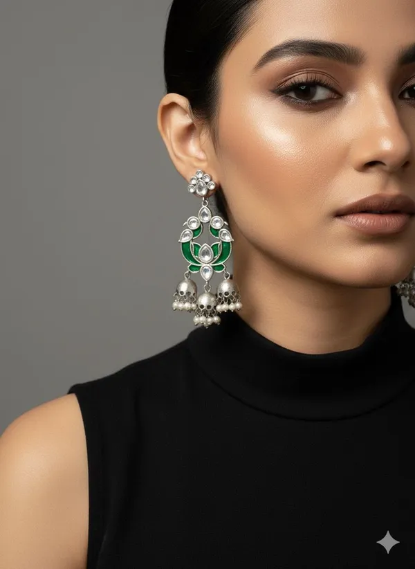 The_'Forest_Bloom'_Oxidized_Jhumka_with_Green_and_Ruby_Stones