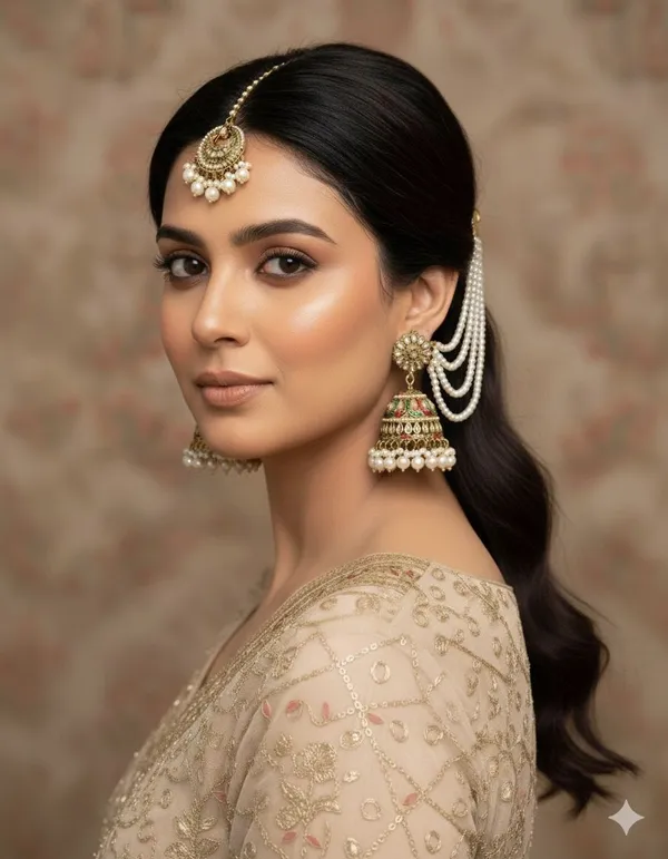 Antique_Gold_Plated_Meenakari_Jhumka_Earrings_with_Saharay_and_Maang_Tikka_Set_|_Pearl_Chain_Bridal_Jewelry