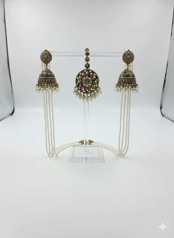 Antique_Gold_Plated_Meenakari_Jhumka_Earrings_with_Saharay_and_Maang_Tikka_Set_|_Pearl_Chain_Bridal_Jewelry