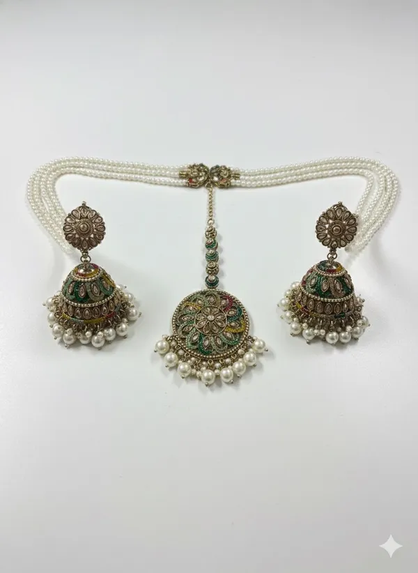 Antique_Gold_Plated_Meenakari_Jhumka_Earrings_with_Saharay_and_Maang_Tikka_Set_|_Pearl_Chain_Bridal_Jewelry