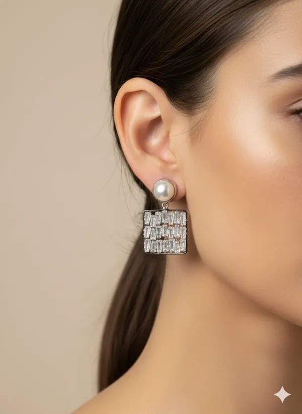 Silver_Elegant_Square_Pearl_And_Baguette_Crystal_Drop_Earrings