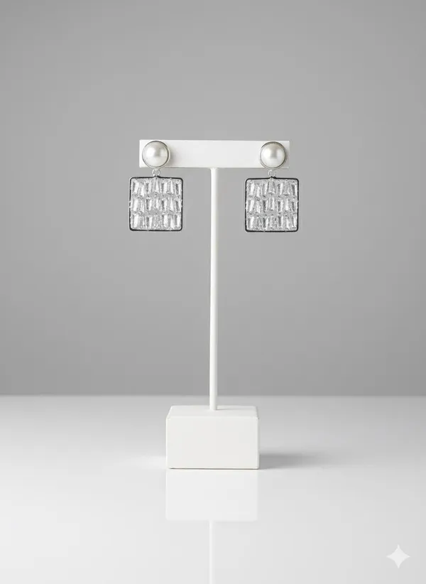 Silver_Elegant_Square_Pearl_And_Baguette_Crystal_Drop_Earrings