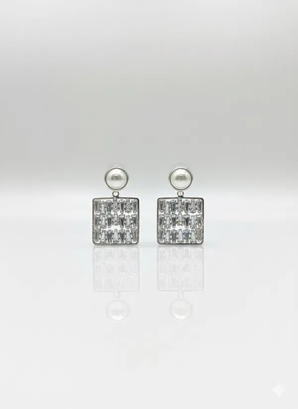 Silver_Elegant_Square_Pearl_And_Baguette_Crystal_Drop_Earrings