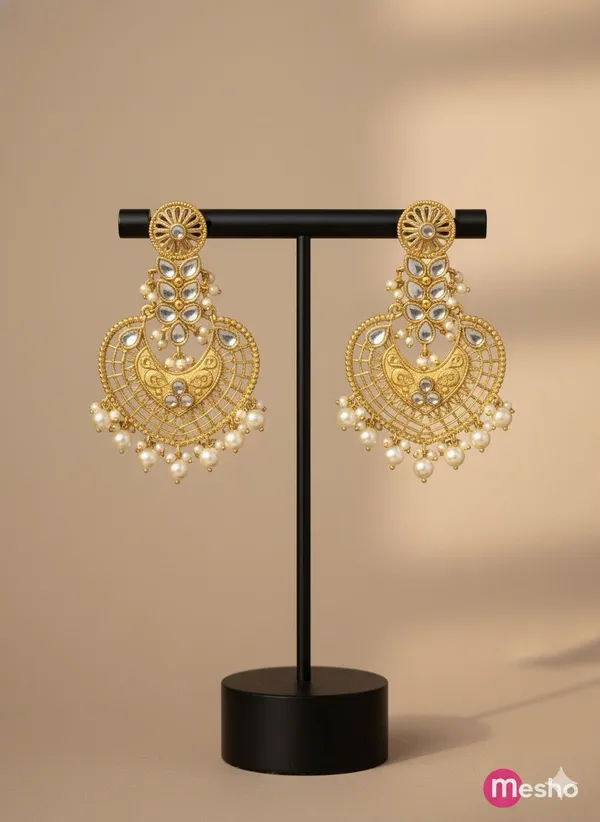 Golden_Exquisite_Antique_Gold_Plated_Polki_Kundan_Chandbali_Earrings_With_Pearl_Drops