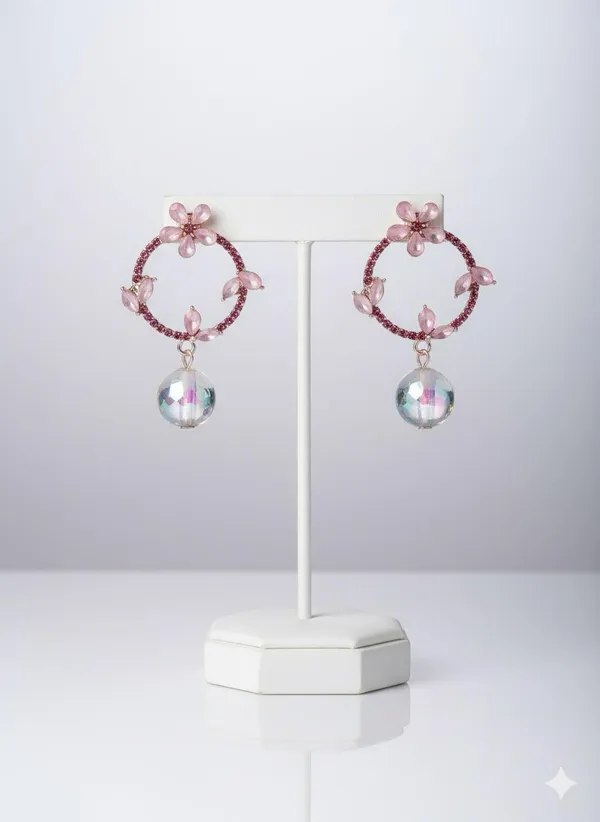 Purple_Floral_Hoop_Earrings_With_Iridescent_Sphere_Drop