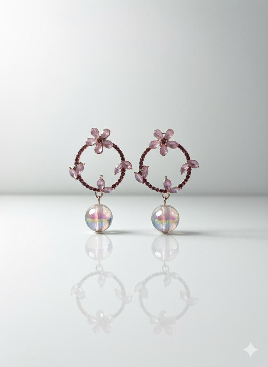 Purple_Floral_Hoop_Earrings_With_Iridescent_Sphere_Drop