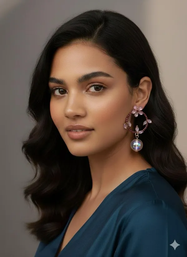 Purple_Floral_Hoop_Earrings_With_Iridescent_Sphere_Drop