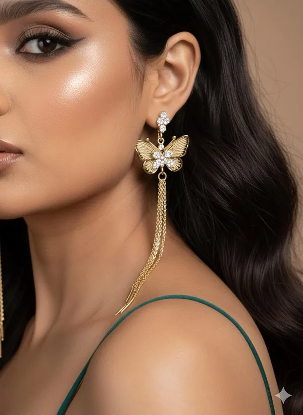 Golden_Dazzling_Butterfly_Drop_Earrings_With_Cascading_Chains