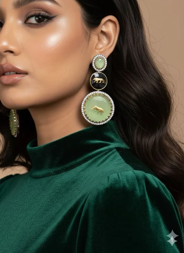 Dark_Green__Regal_Gold_Tiger_Motif_Drop_Earrings_With_Enamel_And_Paved_Crystals