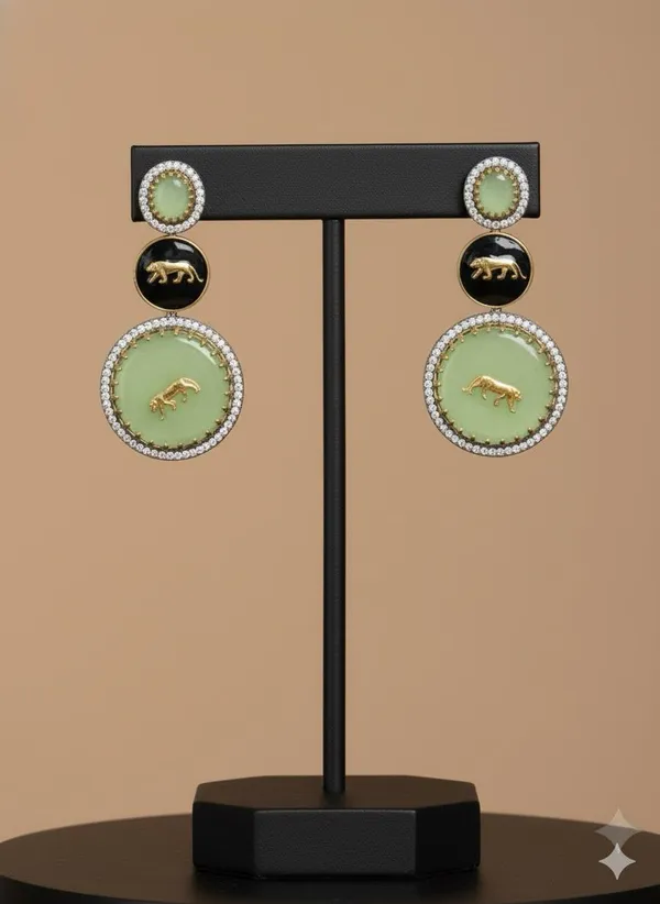 Dark_Green__Regal_Gold_Tiger_Motif_Drop_Earrings_With_Enamel_And_Paved_Crystals