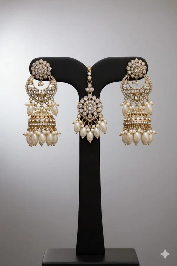 Golden_Brown_Regal_Toned_Polki_And_Pearl_Bridal_Jewelry_Set_(Earrings_&_Maang_Tikka)