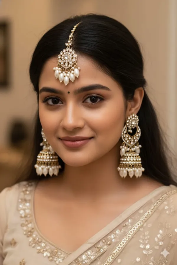 Golden_Brown_Regal_Toned_Polki_And_Pearl_Bridal_Jewelry_Set_(Earrings_&_Maang_Tikka)