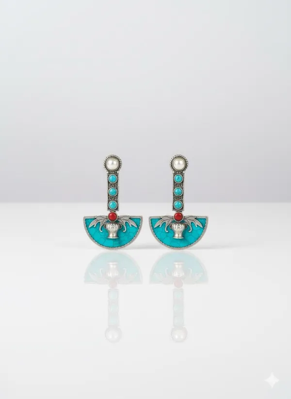 Blue_Exotic_Palm_Tree_Fan_Earrings_With_Turquoise_And_Coral_Accents