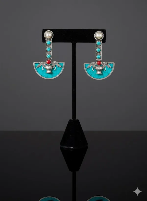 Blue_Exotic_Palm_Tree_Fan_Earrings_With_Turquoise_And_Coral_Accents