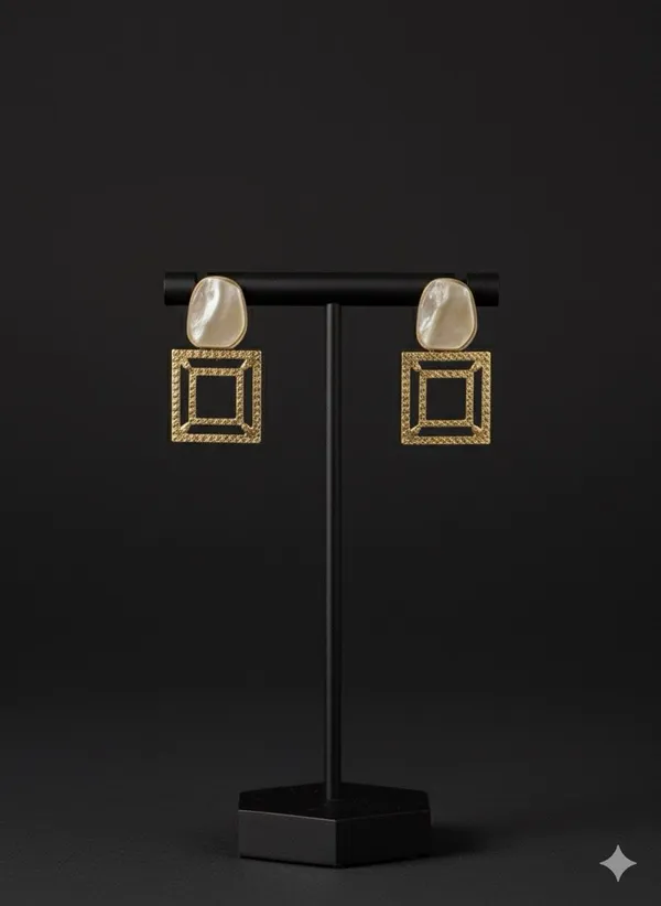 White_Iridescent_Mother_Of_Pearl_And_Textured_Gold_Geometric_Drop_Earrings