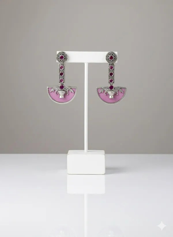 Magenta_Oxidized_Silver_Jhumka_Style_Fan_Drop_Earrings_With_Magenta_Gemstones