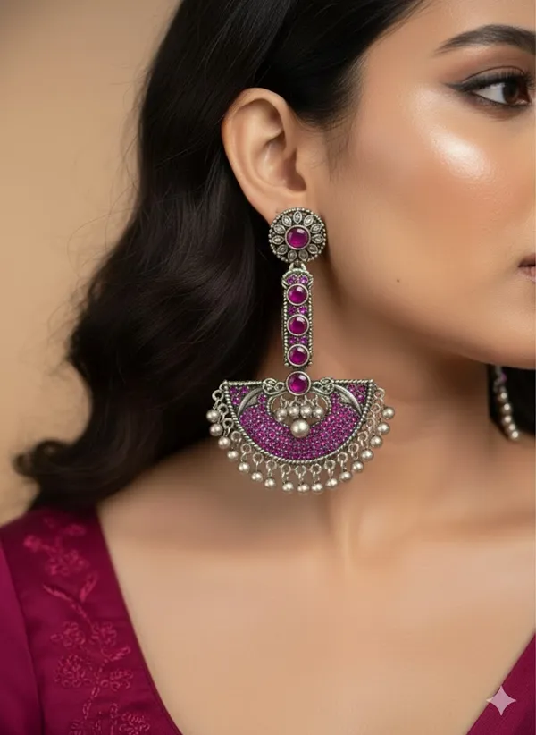 Magenta_Oxidized_Silver_Jhumka_Style_Fan_Drop_Earrings_With_Magenta_Gemstones