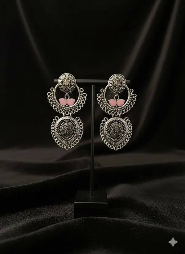 Silver_Oxidized_Dual_Drop_Earrings_With_Pink_Gemstone_Accents