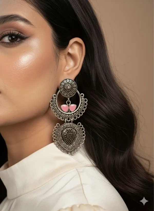 Silver_Oxidized_Dual_Drop_Earrings_With_Pink_Gemstone_Accents