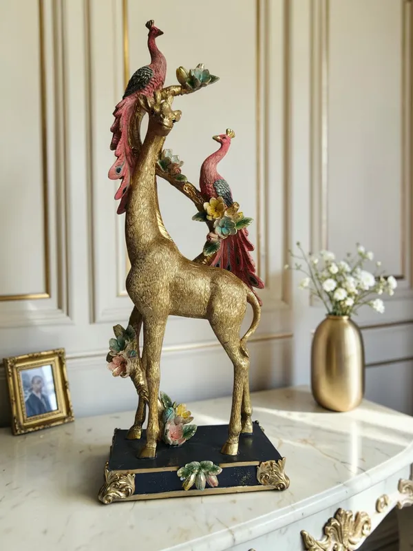 Golden_Giraffe_with_Twin_Peacocks_Sculpture_-_Luxury_Resin_Table_Decor