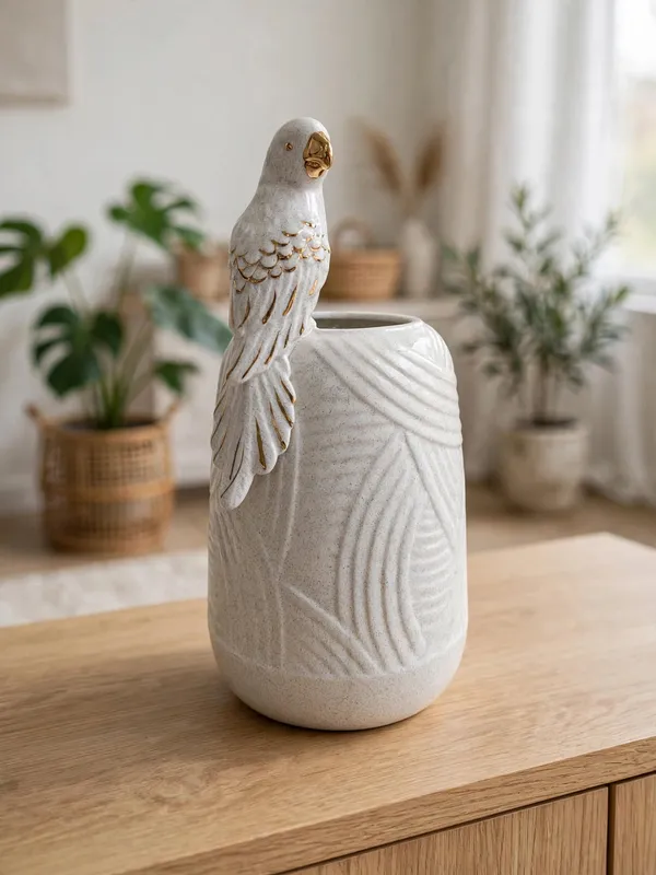 Golden_Parrot_Perch_-_Speckled_White_Ceramic_Vase