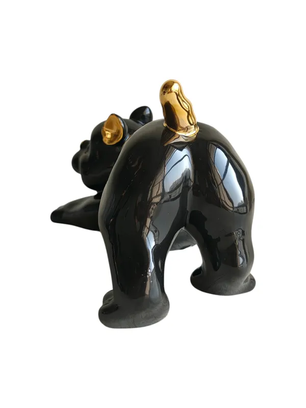 Playful_French_Bulldog_-_Glossy_Black_&_Gold_Ceramic_Dog_Sculpture_(Stretching_Pose)