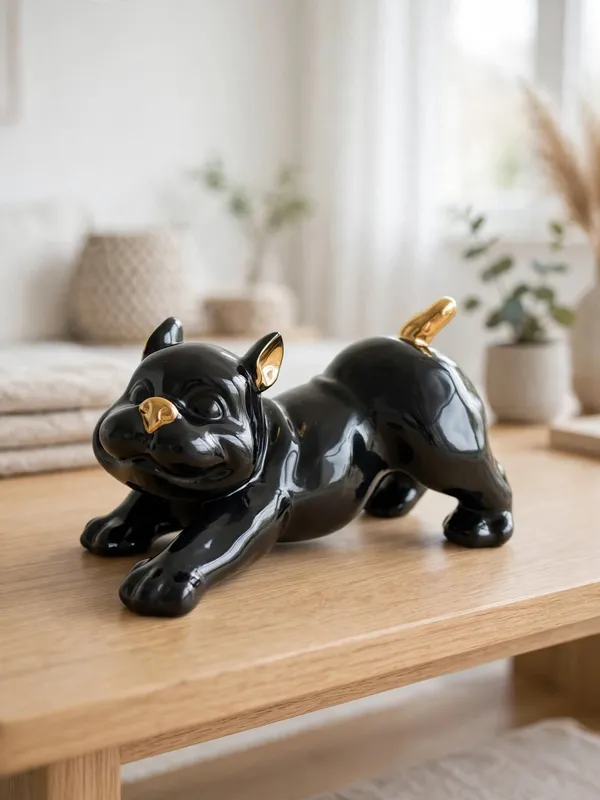 Playful_French_Bulldog_-_Glossy_Black_&_Gold_Ceramic_Dog_Sculpture_(Stretching_Pose)
